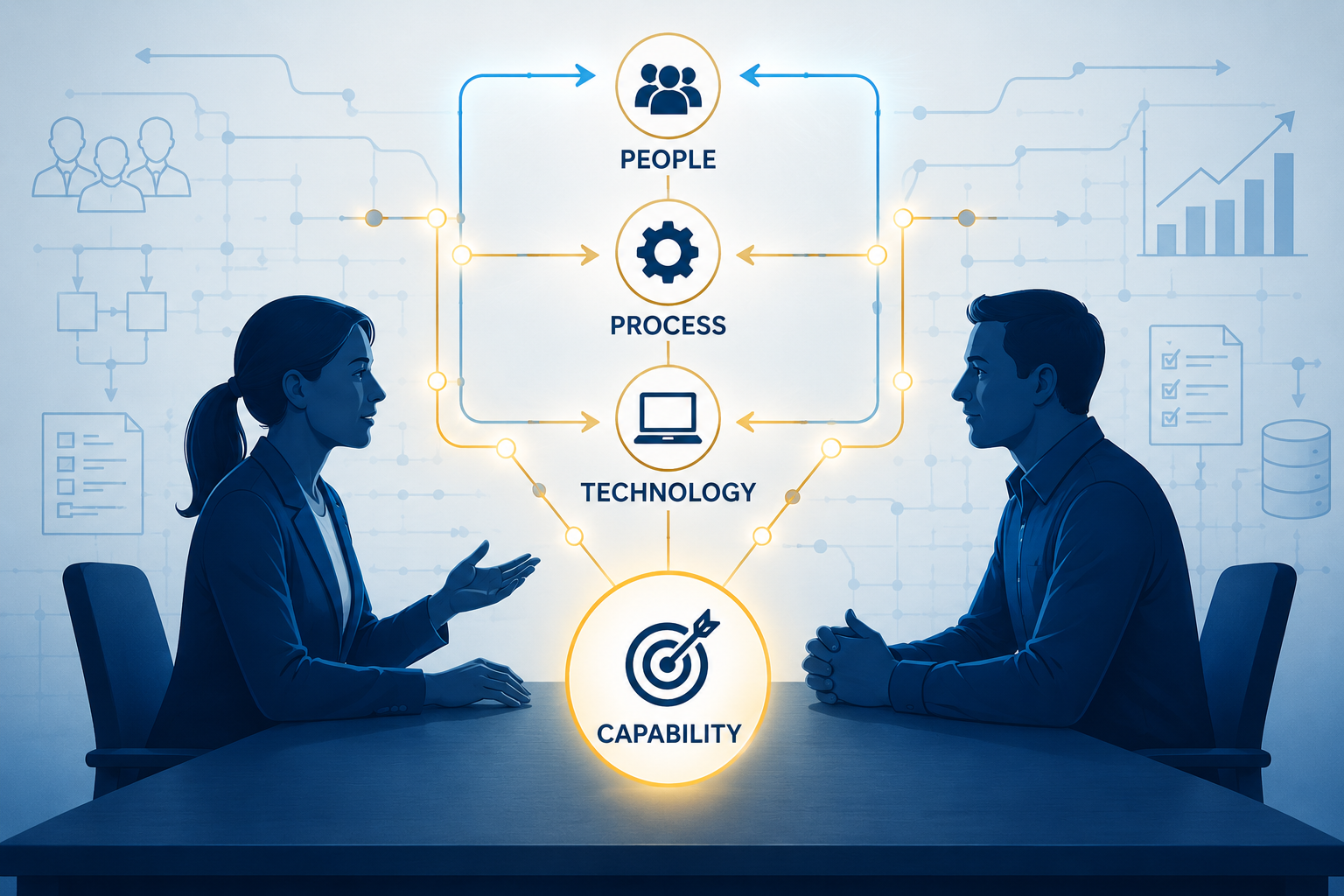 Consultant and client discussing goals, processes, and technology to build organizational capability