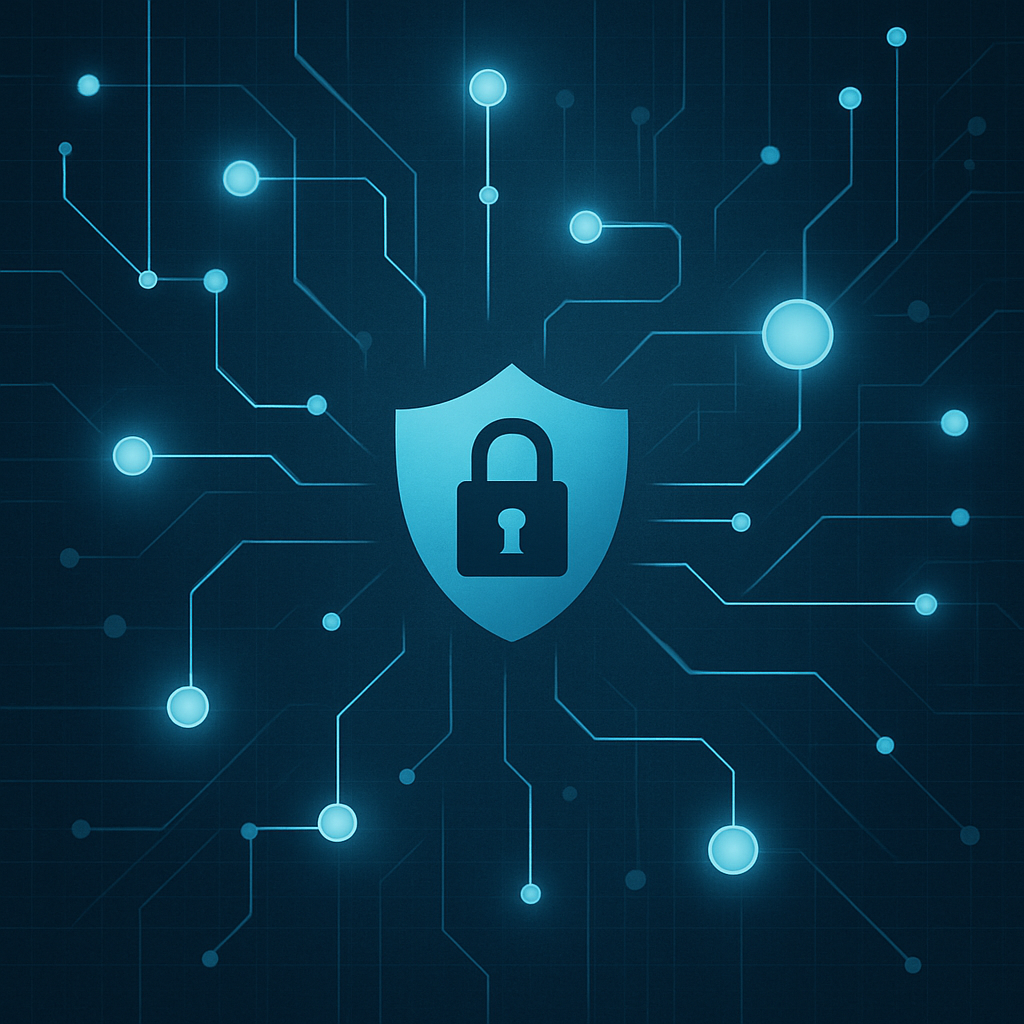 Cybersecurity illustration showing a shield protected by a glowing node network